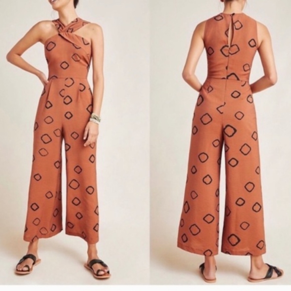 Anthropologie Eva Franco Wide Leg Brown Geometric Jumpsuit 12